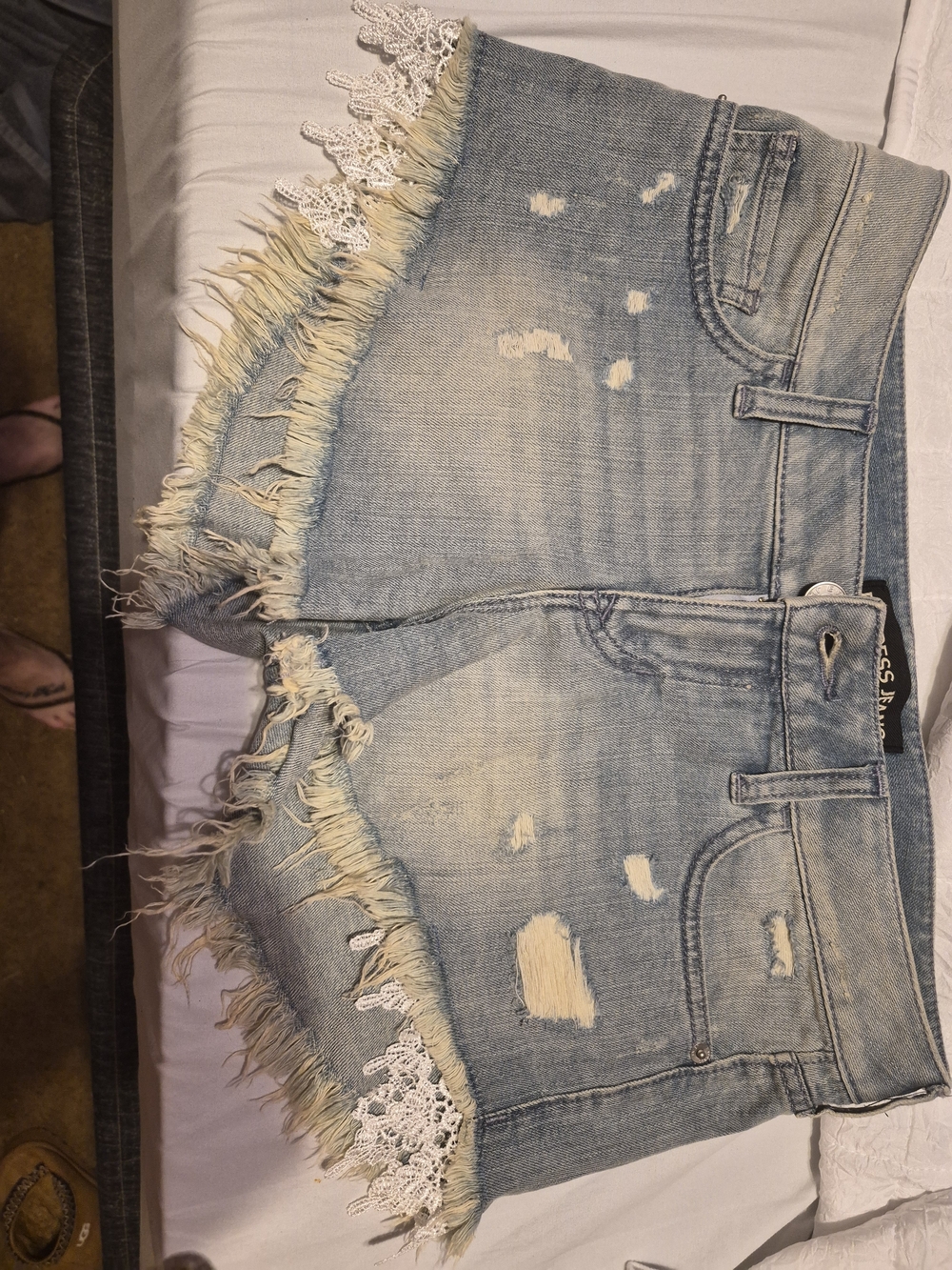 Express Light Blue Distressed Denim Jean Shorts with Lace Trim